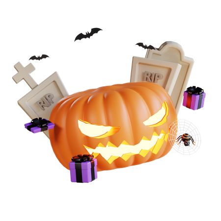 Citrouille d'Halloween avec cimetière  3D Illustration