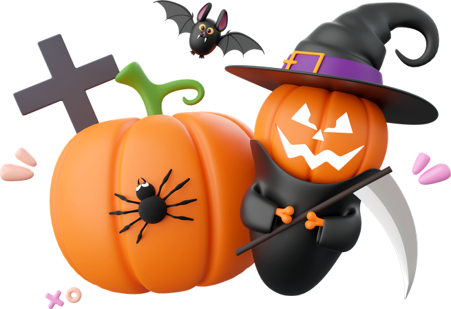 Citrouille d'Halloween avec faucheuse  3D Icon