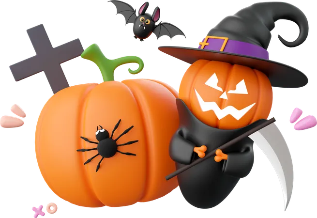 Citrouille d'Halloween avec faucheuse  3D Icon