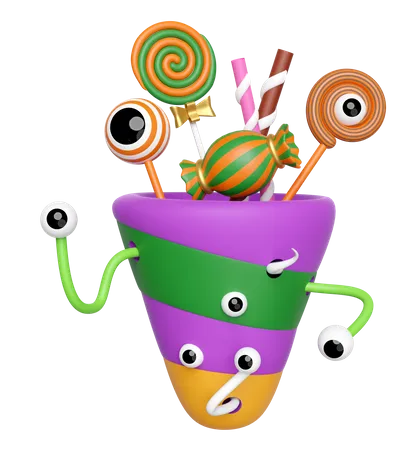 3 D Halloween Holiday Party With Cone Sweet Lollipop Worm Eye Candy For Kids Treat Isolated 3 D Render Illustration 3D Icon