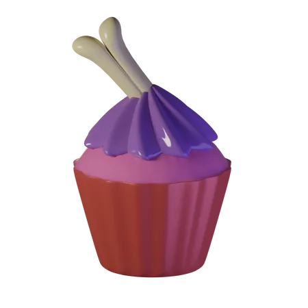 Pink Cup Cake With A Bone Skewer On Top 3D Icon