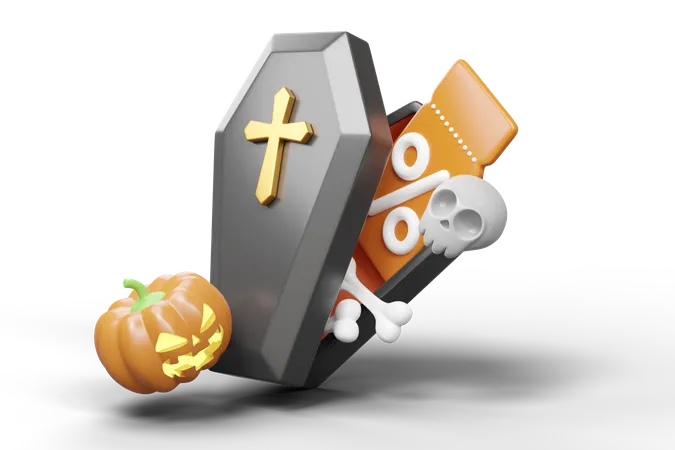 Halloween Sale Icon Black Coffin Lid Is Open With Coupon Pumpkin Skull Bone Gold Christian Cross Isolated Halloween Discounts Time Flash Sale Cartoon Festival Icon 3 D Rendering Illustration 3D Icon