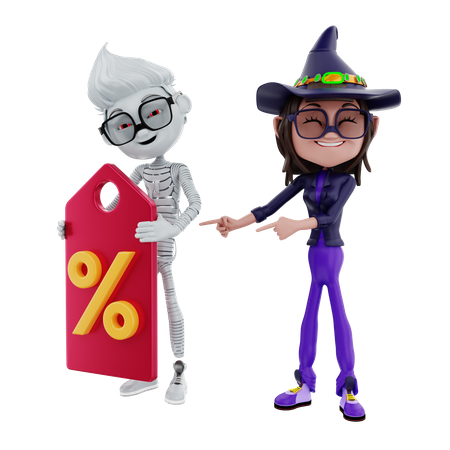 Halloween-Figur mit Rabattschild  3D Illustration
