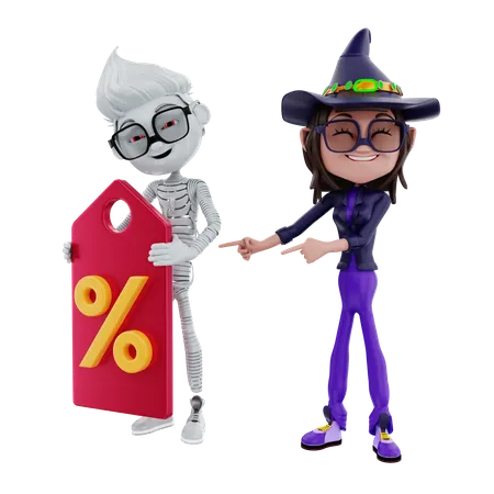 Halloween-Figur mit Rabattschild  3D Illustration