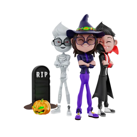 Halloween-Figuren posieren zusammen  3D Illustration
