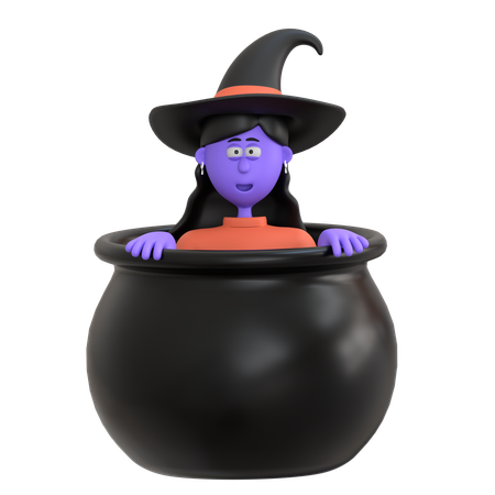 Fille d'Halloween se cachant dans un pot de chaudron  3D Illustration