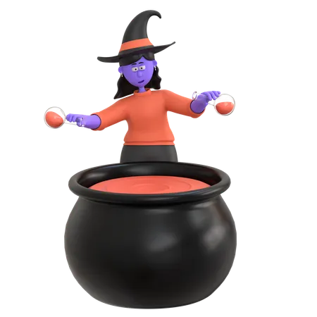 Fille d'Halloween mélangeant une potion  3D Illustration