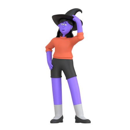 Fille d'halloween portant un chapeau de sorcière  3D Illustration