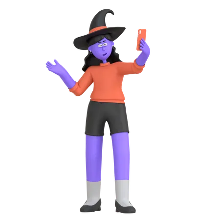 Fille d'Halloween prenant un selfie en costume  3D Illustration