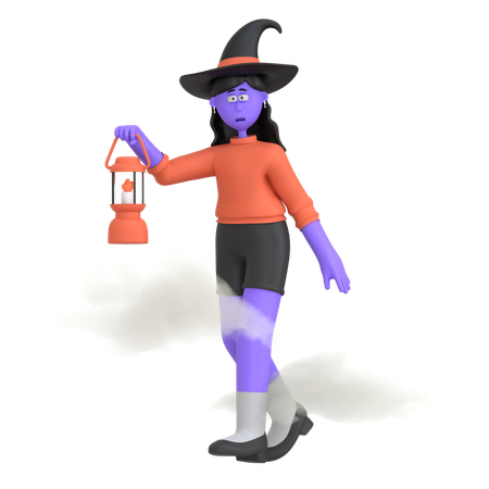 Fille d'halloween tenant une lanterne  3D Illustration