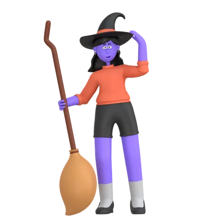 Fille d'halloween tenant un balai de sorcière  3D Illustration
