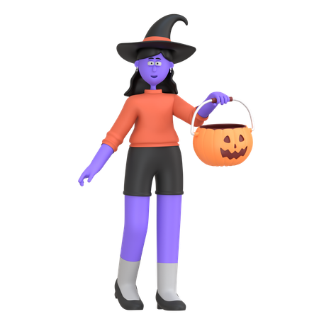 Fille d'halloween tenant un panier de citrouille  3D Illustration