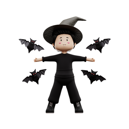 Garçon d'Halloween avec chauve-souris  3D Illustration