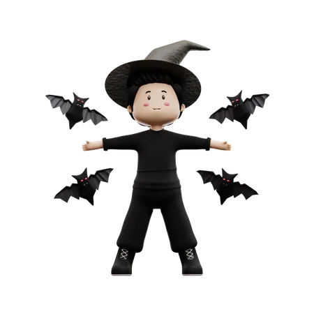 Garçon d'Halloween avec chauve-souris  3D Illustration