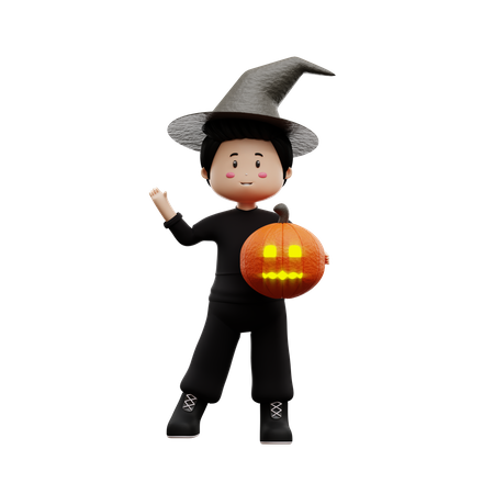 Garçon d'Halloween avec citrouille  3D Illustration