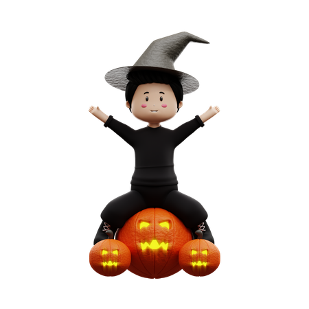 Garçon d'Halloween sur la citrouille  3D Illustration