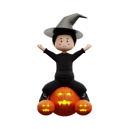 Garçon d'Halloween sur la citrouille  3D Illustration