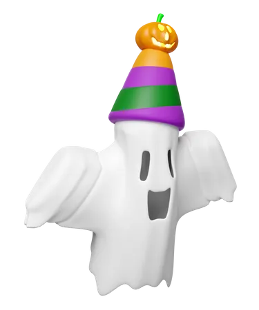 3 D Halloween Holiday Party With Cute Ghost Flying Pumpkin Conical Hat Isolated Holiday Party 3 D Render Illustration 3D Icon