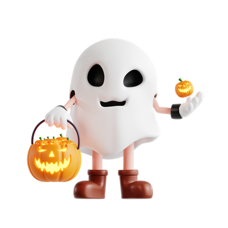 Halloween Ghost With Pumpkin Basket  3D Illustration