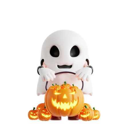 Halloween Ghost With Pumpkin Basket  3D Illustration