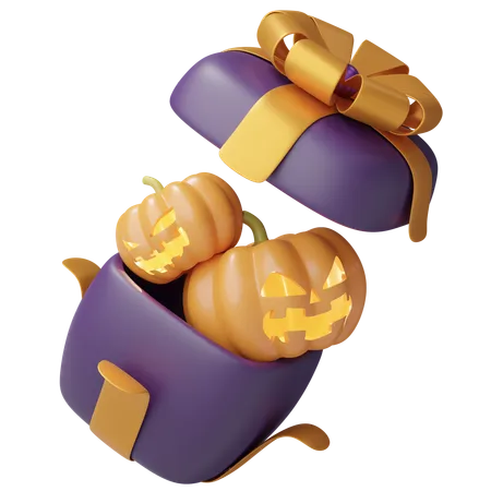 3 D Elements For Halloween Orange Pumpkin With Gift Box Floating Isolated On Transparent Jack O Lantern Jumps From Out Surprise Boxes Cartoon Festival Icon Smooth 3 D Rendering Illustration 3D Icon