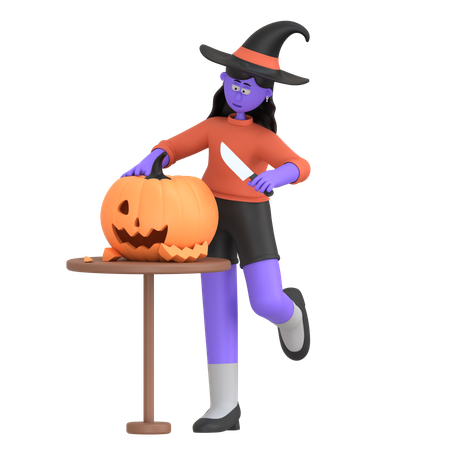 Halloween Girl Carving Pumpkin  3D Illustration