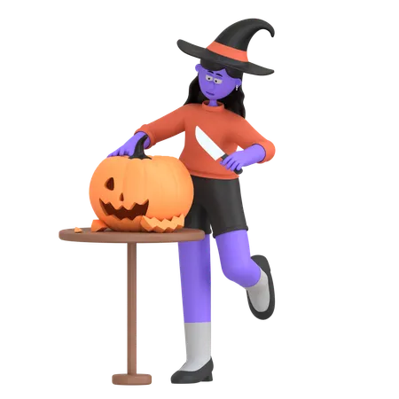 Halloween Girl Carving Pumpkin  3D Illustration