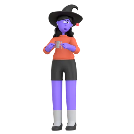 Garota de halloween desembrulhando guloseima de halloween  3D Illustration