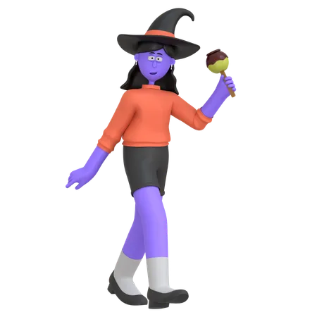 Halloween Girl Enjoying Caramel Apple  3D Illustration