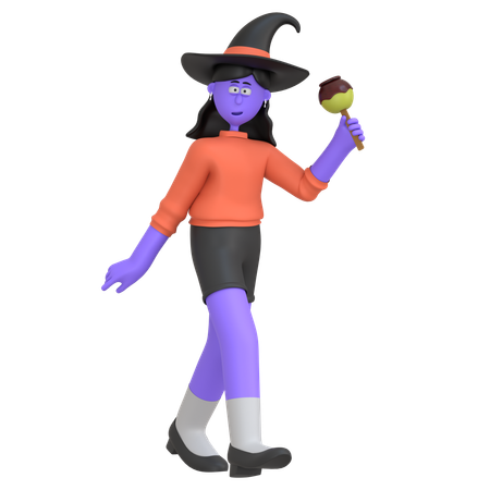 Halloween Girl Enjoying Caramel Apple  3D Illustration