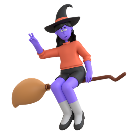 Halloween Girl Flying With Broom  3D Illustration