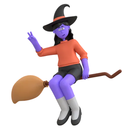 Halloween Girl Flying With Broom  3D Illustration