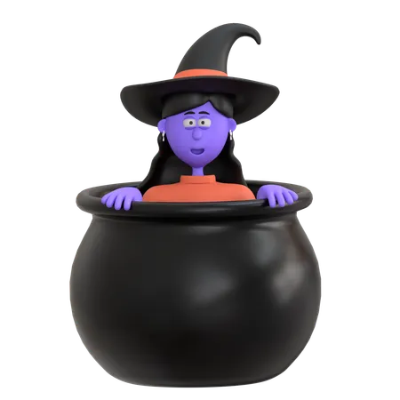 Halloween Girl Hiding In Cauldron Pot  3D Illustration