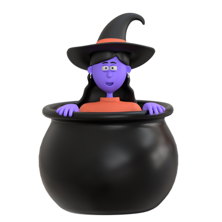 Halloween Girl Hiding In Cauldron Pot  3D Illustration