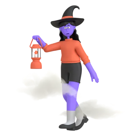 Halloween Girl Holding Lantern  3D Illustration