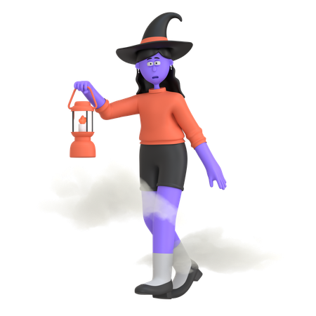 Halloween Girl Holding Lantern  3D Illustration