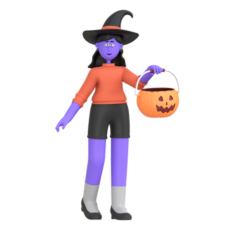 Halloween Girl Holding Pumpkin Basket  3D Illustration