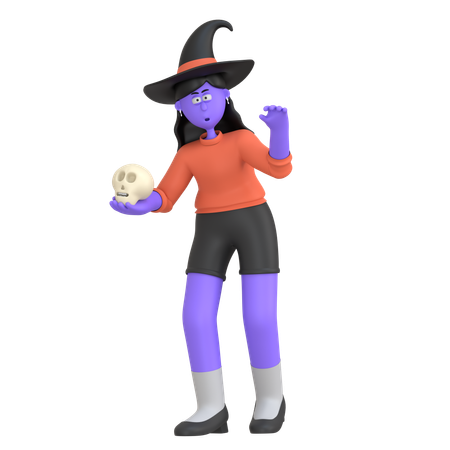 Halloween Girl Holding Skull  3D Illustration