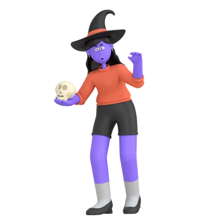Halloween Girl Holding Skull  3D Illustration