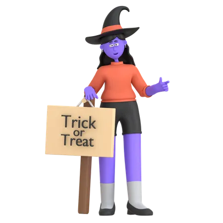 Halloween Girl Holding Trick Or Treat Sign  3D Illustration