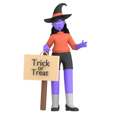 Halloween Girl Holding Trick Or Treat Sign  3D Illustration