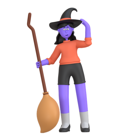 Halloween Girl Holding Witch Broom  3D Illustration