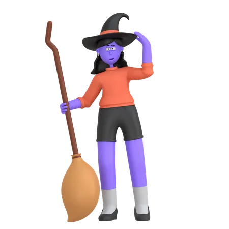 Halloween Girl Holding Witch Broom  3D Illustration