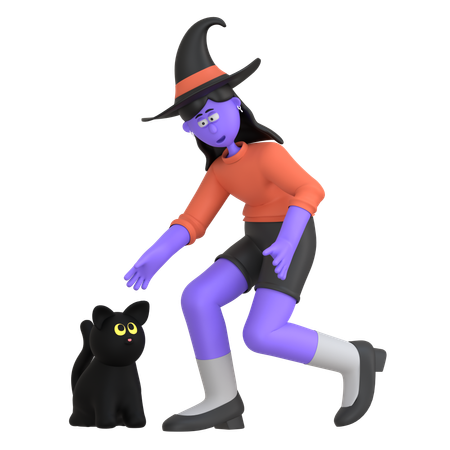 Halloween Girl Playing With Black Cat  3D Illustration