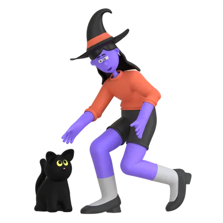 Halloween Girl Playing With Black Cat  3D Illustration