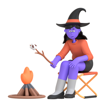 Halloween Girl Roasting Marshmallow On Fire  3D Illustration