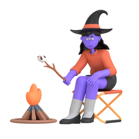 Halloween Girl Roasting Marshmallow On Fire  3D Illustration