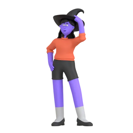 Halloween Girl Wearing Witch Hat  3D Illustration