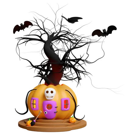 3 D Halloween Holiday Party With Pumpkin House Tree Bats Carved Pumpkin On The Stairs Isolated 3 D Render Illustration 3D Illustration