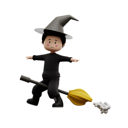 Halloween Junge auf Besen  3D Illustration